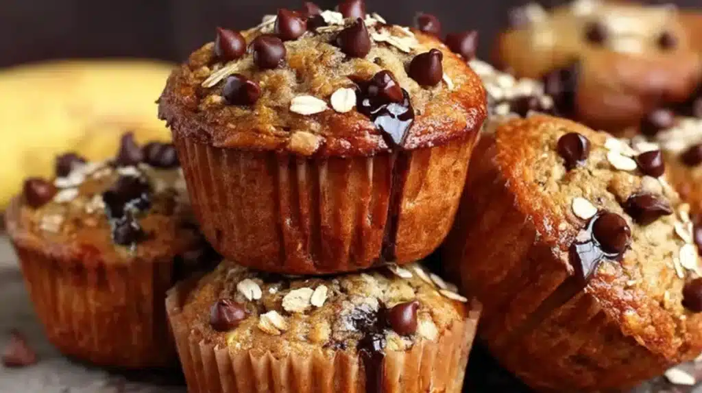 Freshly baked banana oatmeal chocolate chip muffins on table