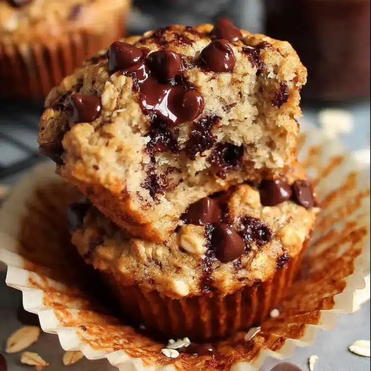 healthy banana oatmeal chocolate chip muffins recipe 4 Sliced banana oatmeal chocolate chip muffins with melted chocolate