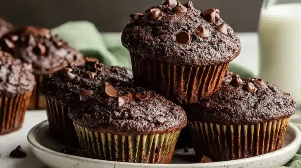Chocolate veggie muffins with rich chocolate chips on top
