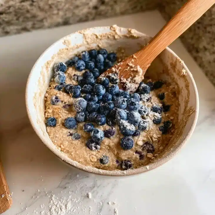 High‑Protein Cottage Cheese Blueberry Muffins 6 Mixing cottage cheese blueberry muffin batter in bowl