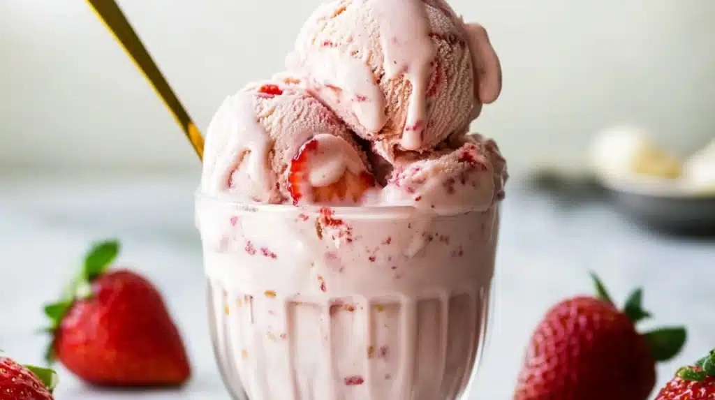 Strawberry cottage cheese ice cream in bowl