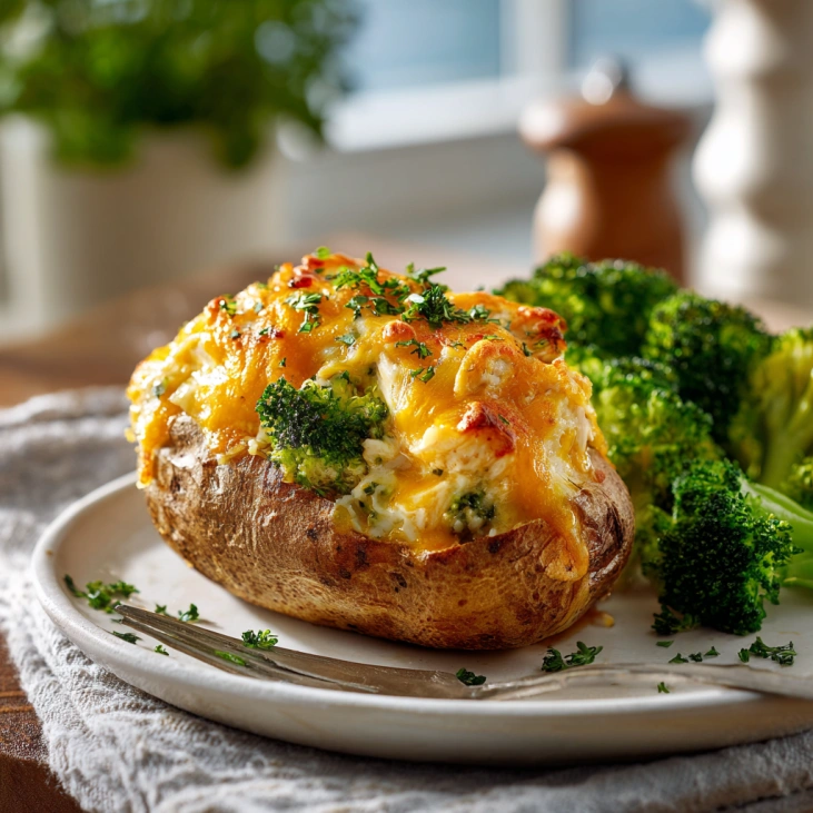 Broccoli Cheddar Chicken Baked Potatoes 10 Stuffed baked potato with broccoli, cheddar cheese, and chicken