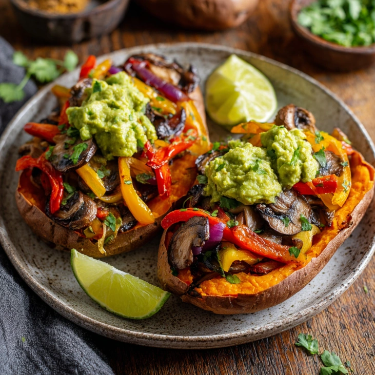 Veggie Fajita Stuffed Sweet Potatoes: Healthy Vegan Dinner 10 Stuffed sweet potatoes topped with sautéed bell peppers, mushrooms, and guacamole, served with fresh lime wedges and cilantro.