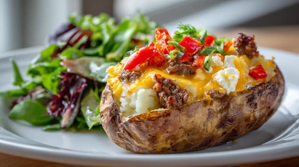 baked potato and cottage cheese on wooden table