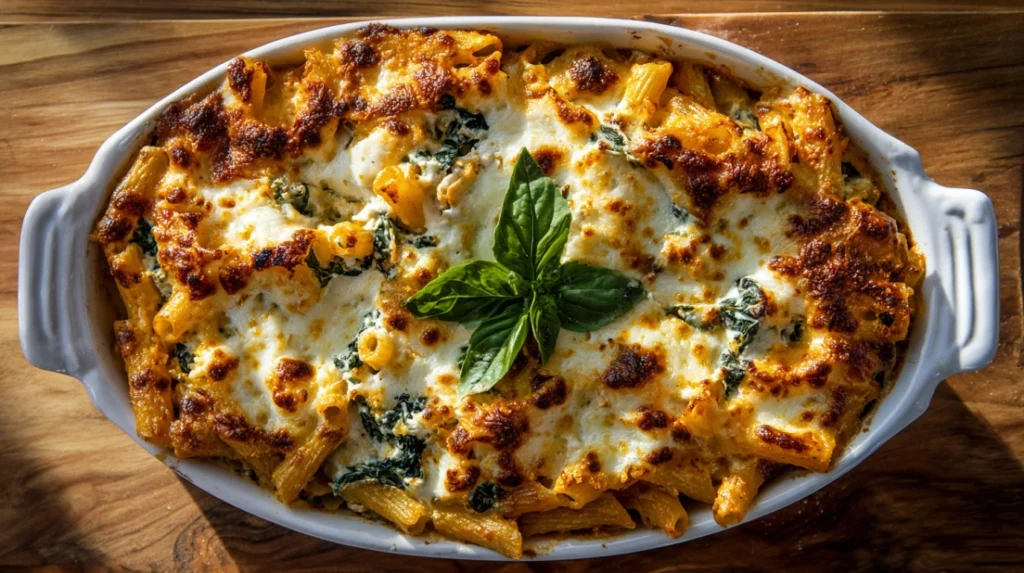 baked ziti with cottage cheese and spinach featured