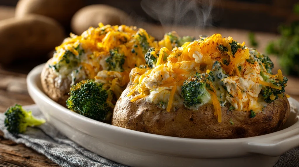 broccoli cheddar chicken baked potatoes on rustic plate