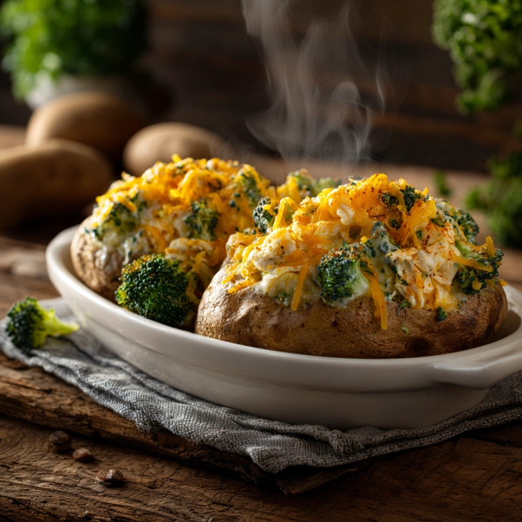 Broccoli Cheddar Chicken Baked Potatoes 6 Broccoli cheddar chicken baked potato topped with melted cheese and herbs on a white plate