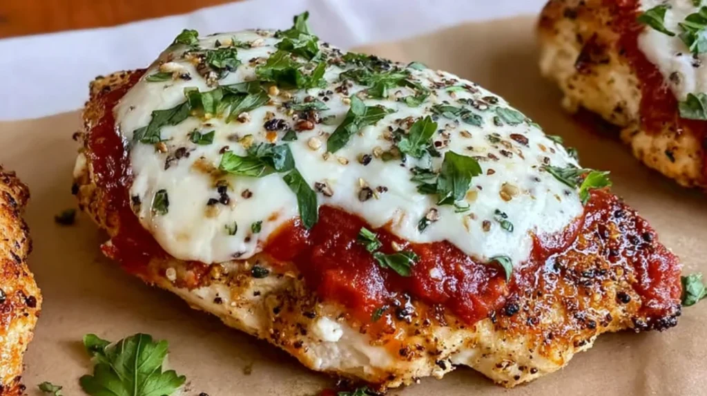 Chicken parmesan with cottage cheese served in a rustic dish