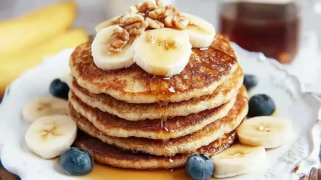 Fluffy Cottage Cheese Banana Pancakes stacked with banana and maple syrup