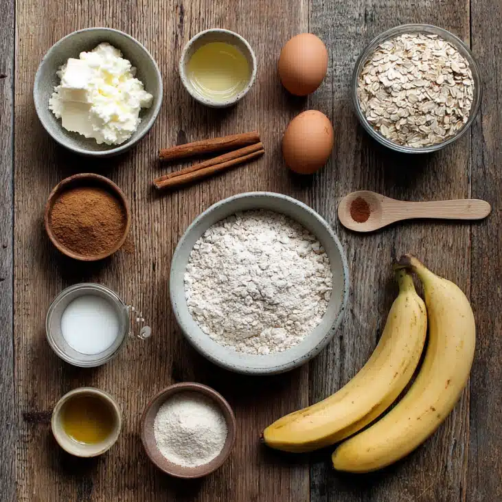 High-Protein Cottage Cheese Banana Pancakes Recipe 7 Ingredients for Cottage Cheese Banana Pancakes arranged on table