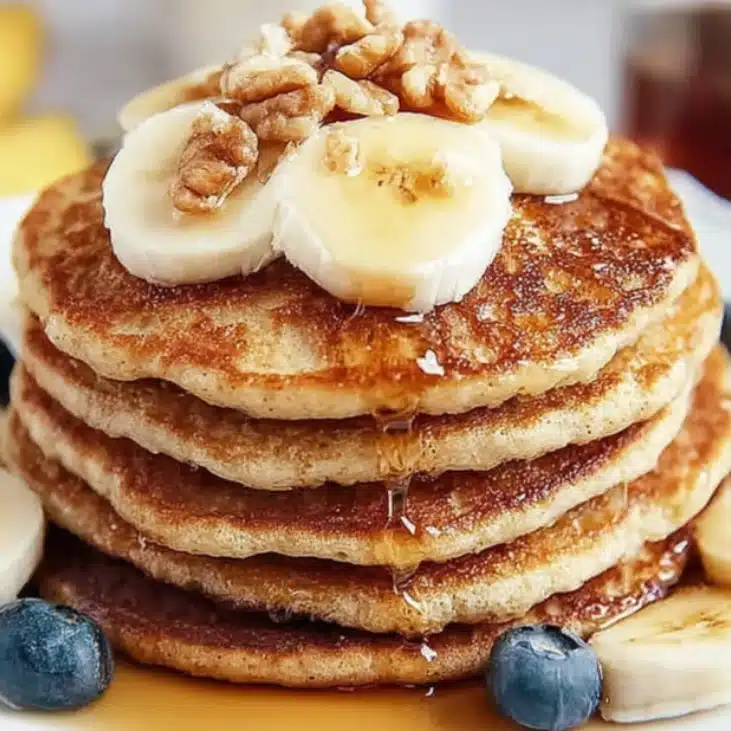 High-Protein Cottage Cheese Banana Pancakes Recipe 5 Cottage Cheese Banana Pancakes served with banana slices and honey