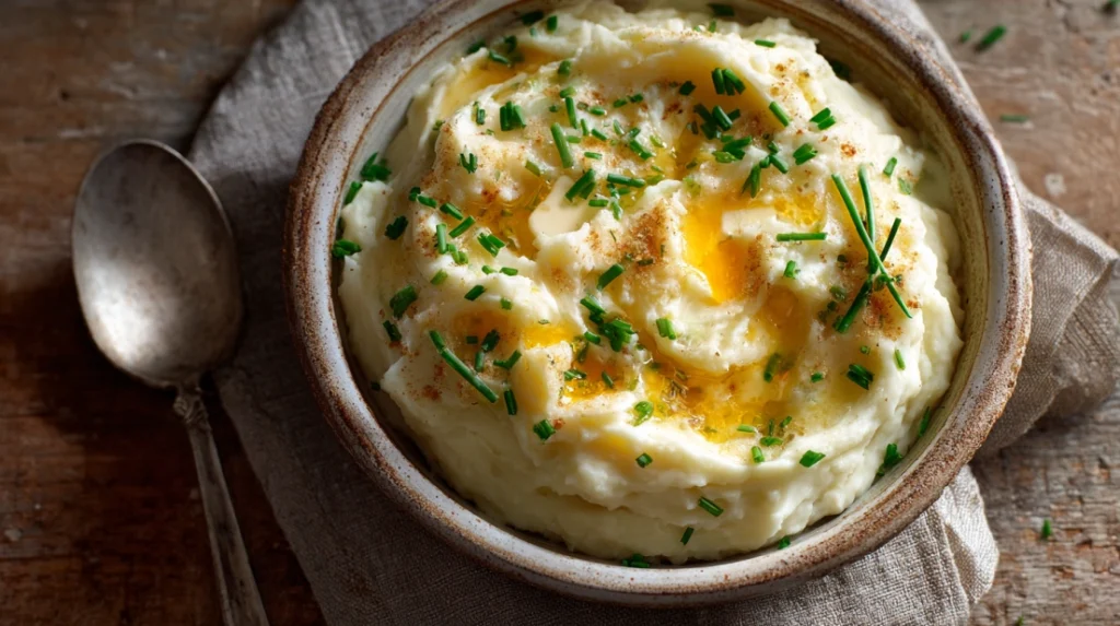 Cottage cheese in mashed potatoes in rustic bowl