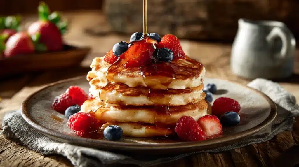 Cottage Cheese Pancakes No Flour stacked with fruit