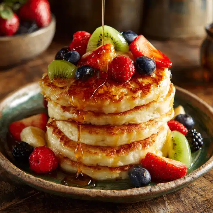 High-Protein Cottage Cheese Pancakes No Flour Recipe 5 Cottage Cheese Pancakes No Flour served with fruit and syrup