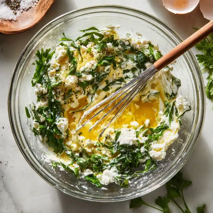 Cottage Cheese And Spinach Crustless Quiche Recipe 6 Whisking batter for Cottage Cheese and Spinach Crustless Quiche