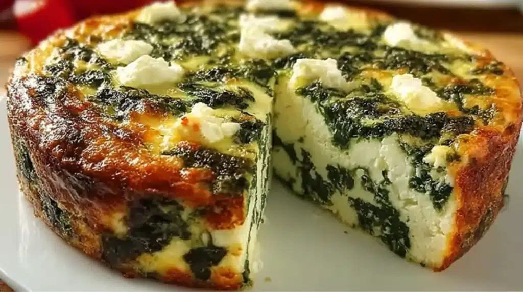 Slice of Cottage Cheese and Spinach Crustless Quiche served warm