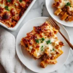 High Protein Cottage Cheese Baked Ziti Recipe 6 printable recipe card for cottage cheese baked ziti with plated food