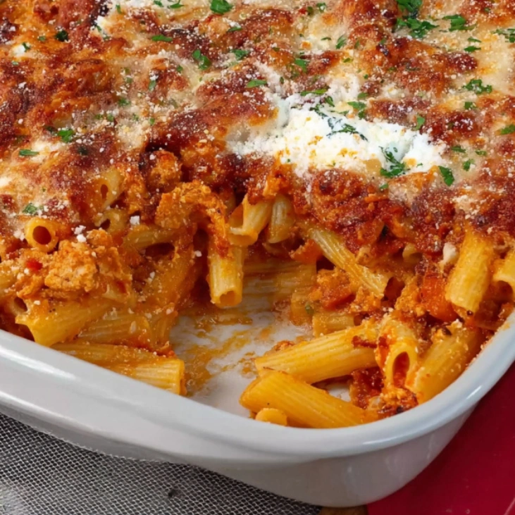 High Protein Cottage Cheese Baked Ziti Recipe 7 Baked ziti with cottage cheese, marinara sauce, and melted cheese in a white casserole dish