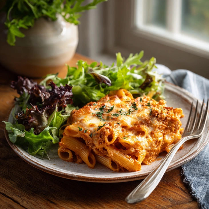 High Protein Cottage Cheese Baked Ziti Recipe 8 serving of cottage cheese baked ziti on plate with salad