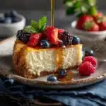 High-Protein 3 Ingredient Cottage Cheese Cheesecake Recipe 6 Slice of creamy cottage cheese cheesecake topped with fresh berries and honey, served on a rustic ceramic plate.
