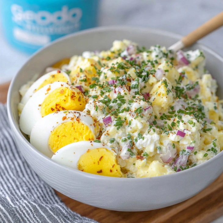 Healthy Cottage Cheese Egg Salad: Easy High Protein Meal 6 Bowl of cottage cheese egg salad with sliced boiled eggs, red onion, and fresh chives, served in a gray bowl.