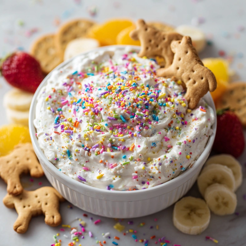 Cottage Cheese Dunkaroo Dip Recipe 6 Cottage cheese Dunkaroo dip topped with rainbow sprinkles, served with animal crackers, banana slices, and fresh fruit.