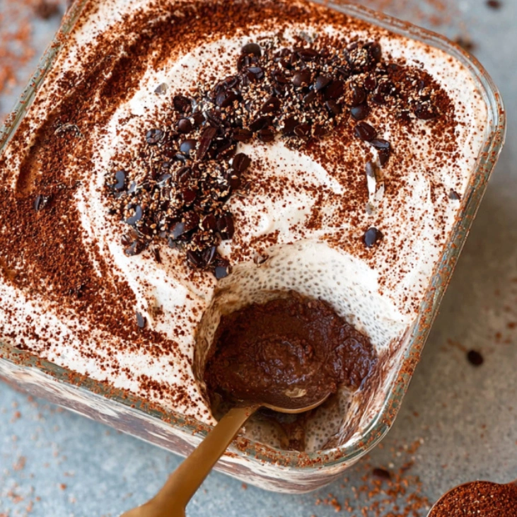 Cottage Cheese Tiramisu Chia Pudding: Healthy No-Bake Dessert 5 Layered cottage cheese tiramisu chia pudding topped with cacao powder, shaved chocolate, and chia seeds in a glass dish.
