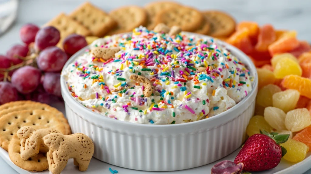 Cottage cheese Dunkaroo dip with sprinkles and crackers