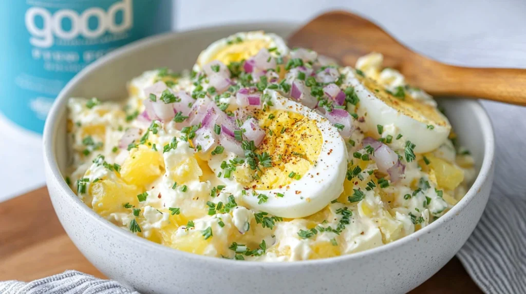 Cottage Cheese Egg Salad served in a bowl with herbs