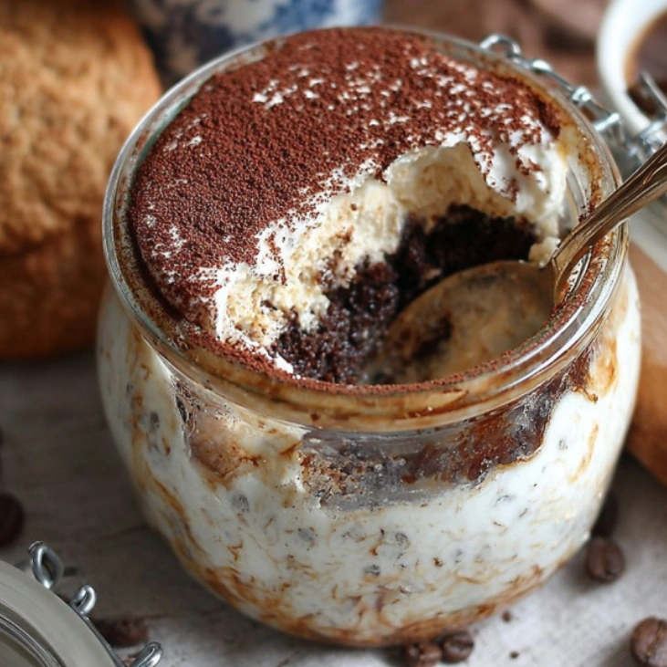 High-Protein Cottage Cheese Tiramisu Oats Recipe 5 High‑protein cottage cheese tiramisu oats layered in glass jar with cocoa dusting