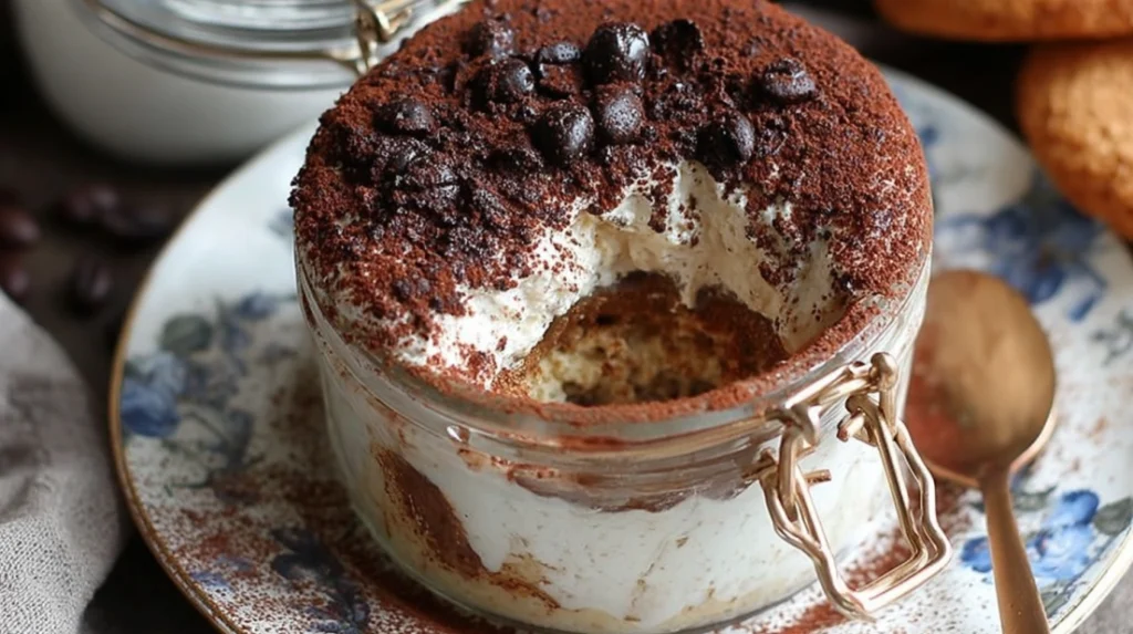 Cottage cheese tiramisu oats layered in a jar