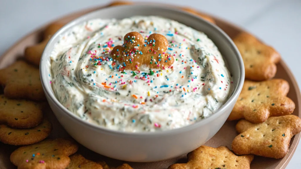 Dunkaroo Dip with sprinkles and animal crackers