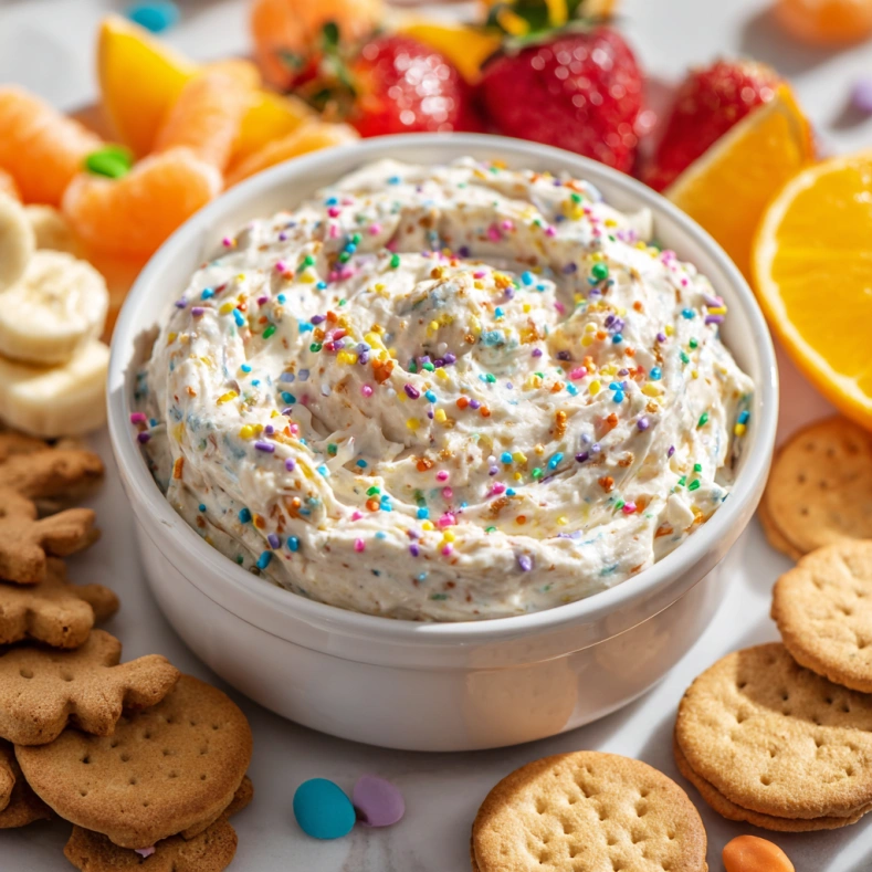 3 Ingredient Dunkaroo Dip Recipe 6 Dunkaroo dip recipe with sprinkles, served with cookies and fruit.
