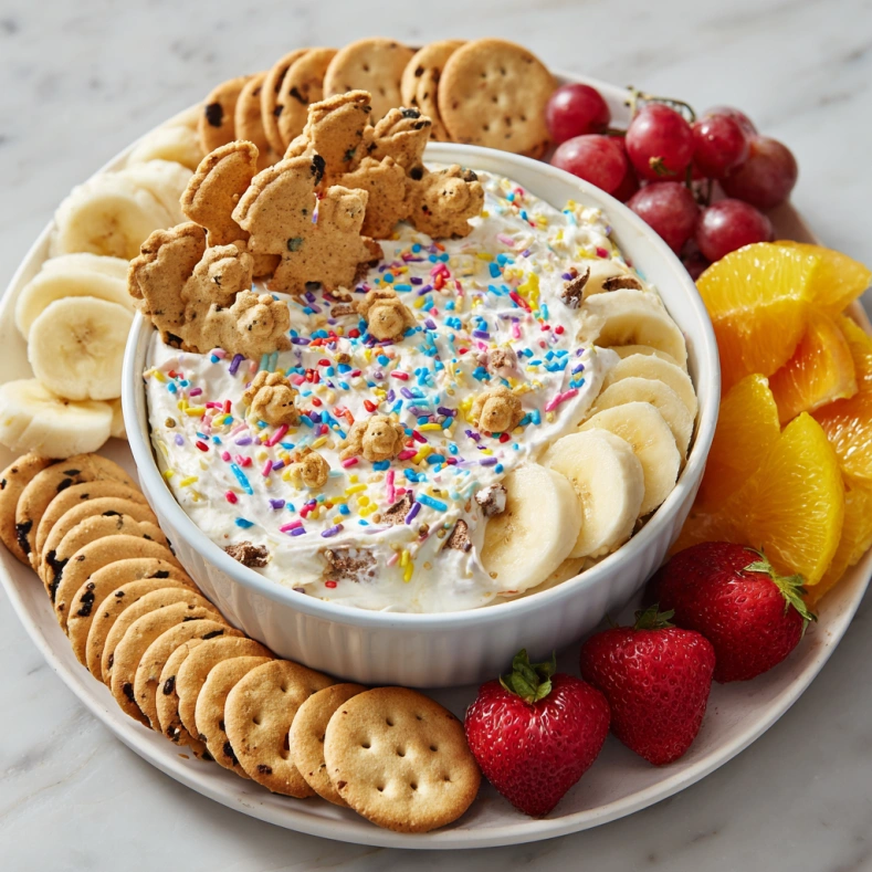 3 Ingredient Dunkaroo Dip Recipe 10 Party-style Dunkaroo dip with teddy grahams, bananas, and assorted fruit.