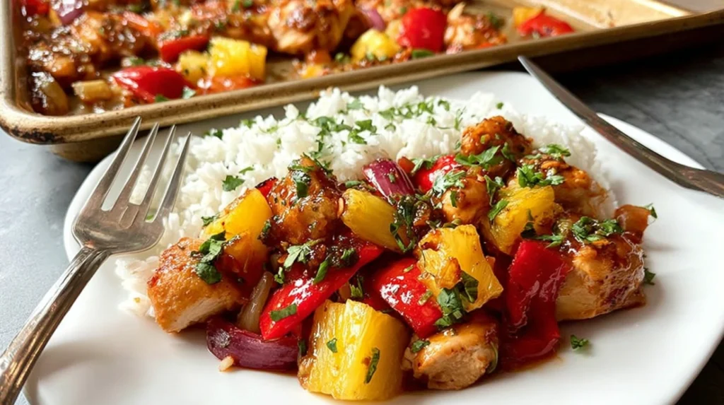 Hawaiian Sheet Pan Chicken Recipe with pineapple and peppers