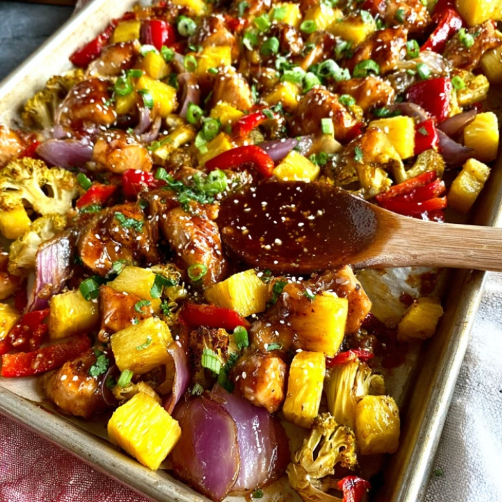 Healthy Hawaiian Sheet Pan Chicken Recipe 9 Hawaiian Sheet Pan Chicken roasting in oven