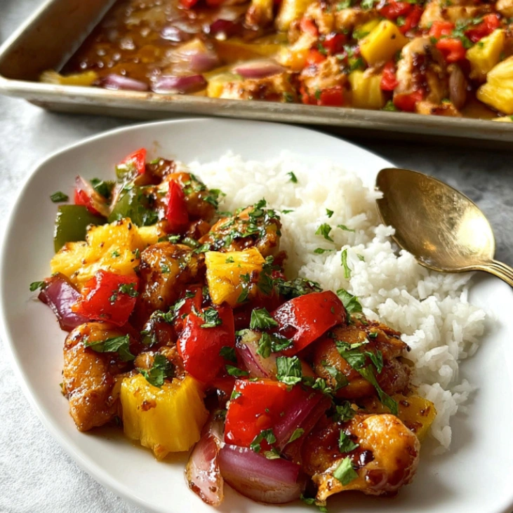 Healthy Hawaiian Sheet Pan Chicken Recipe 6 Hawaiian Sheet Pan Chicken Recipe served over cauliflower rice