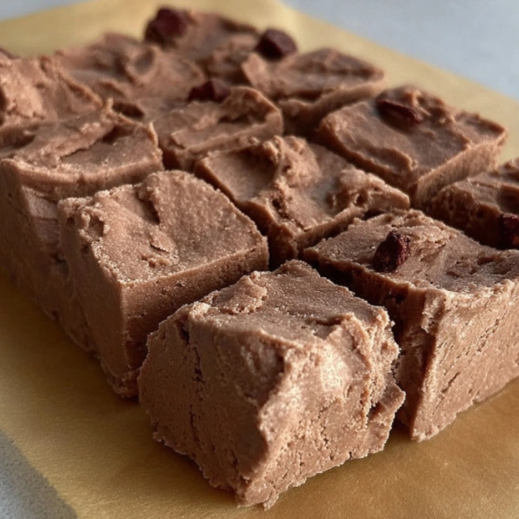 high protein cottage cheese fudge Recipe 5 High-protein cottage cheese fudge stacked on a plate with a rich, chocolatey texture.