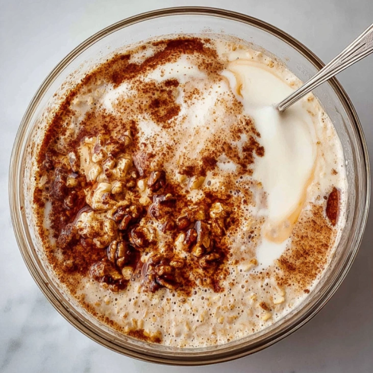 High-Protein Cottage Cheese Tiramisu Oats Recipe 7 Stirring cottage cheese tiramisu oats in bowl