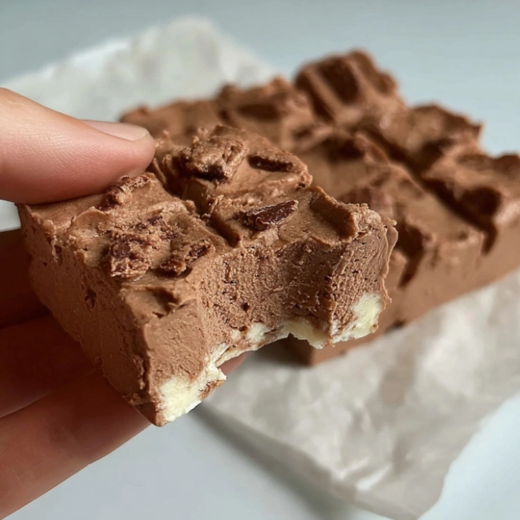 high protein cottage cheese fudge Recipe 8 High-protein cottage cheese fudge stacked neatly on a white plate, glossy chocolate surface, creamy inside.