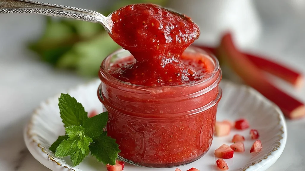 Strawberry rhubarb sauce in jar with fresh fruit