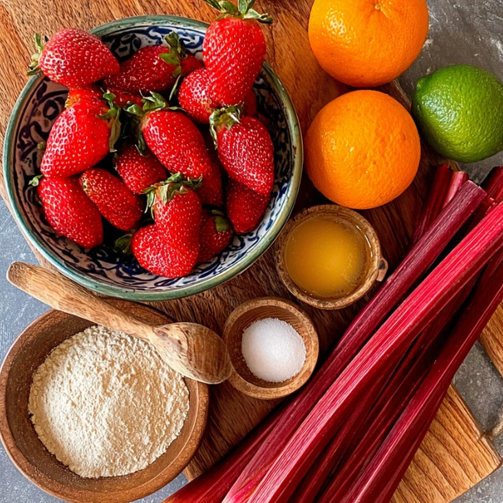 strawberry rhubarb sauce recipe 8 Ingredients for strawberry rhubarb sauce on table