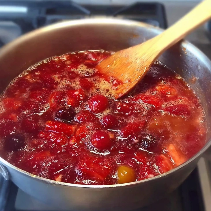 strawberry rhubarb sauce recipe 9 Strawberry rhubarb sauce simmering on stove