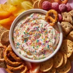 greek yogurt dunkaroo dip with sprinkles and assorted dippers