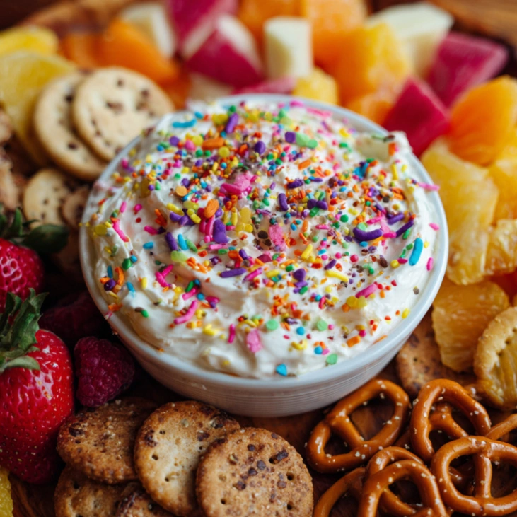 greek yogurt funfetti dip with sprinkles and fruits