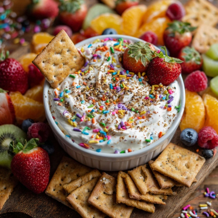 Dunkaroo Dip Greek Yogurt served with sprinkles and fruit
