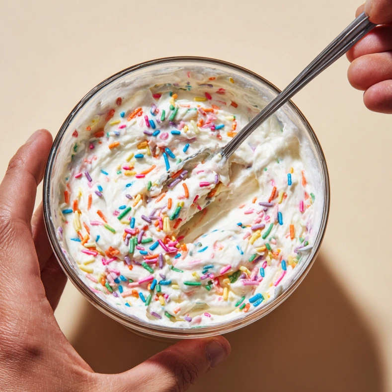 mixing dunkaroo dip greek yogurt with rainbow sprinkles