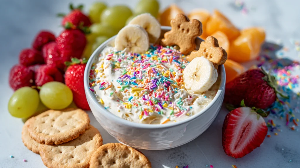 High protein Dunkaroo dip with sprinkles and dippers