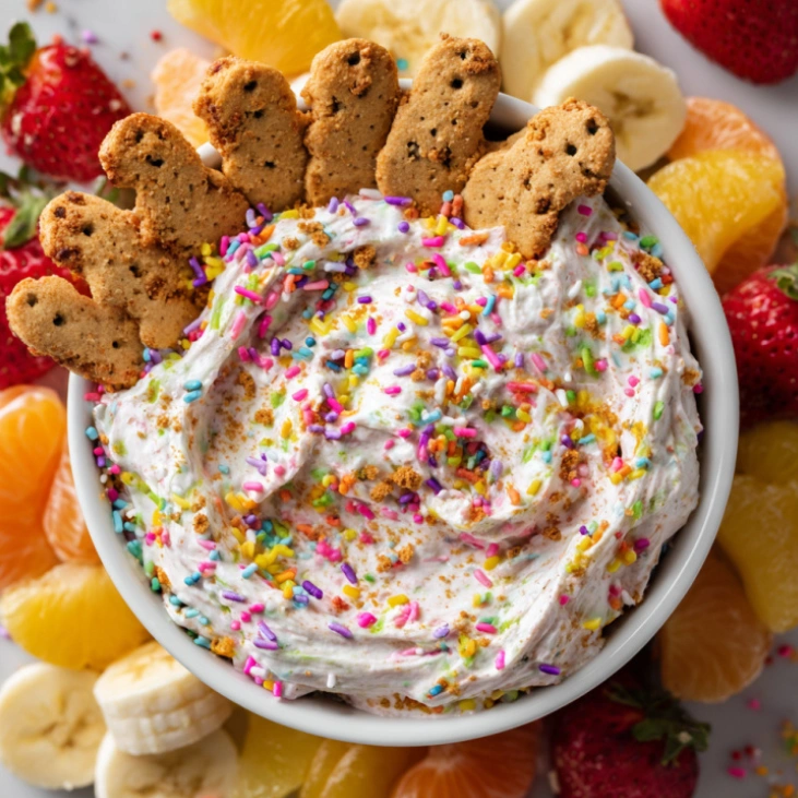 High protein Dunkaroo dip with animal crackers and fruit