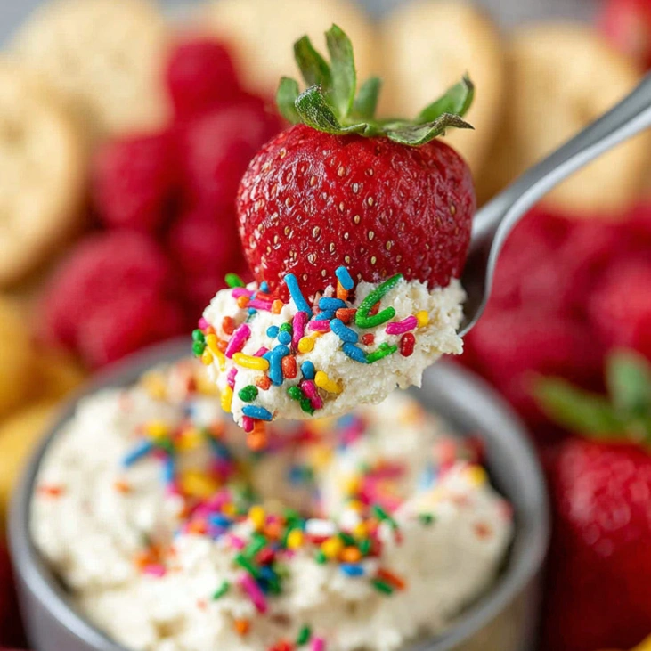 High protein Dunkaroo dip with sprinkles and strawberry
